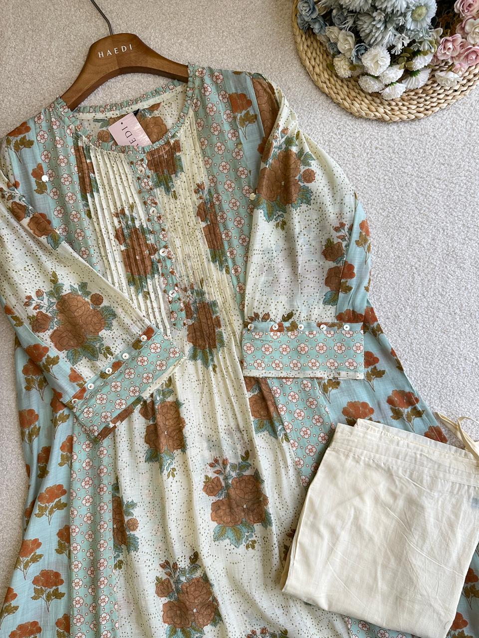 19345 mulchanderi kurta pant set