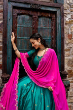 Traditional Zari Woven Silk Half Saree Set with Scalloped Embroidered Dupatta