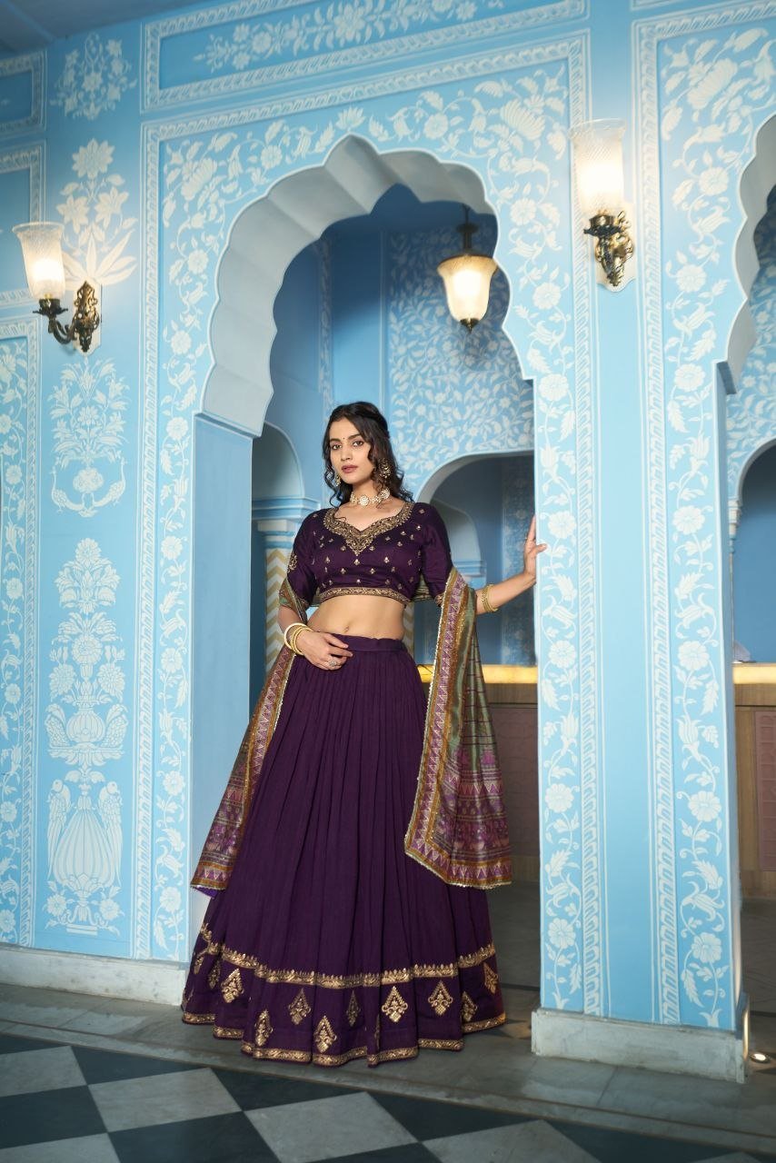 Embroidered Flared Silk Lehenga Set with Printed Dupatta - Surat Wholesale Ethnic Wear (Photo 10)