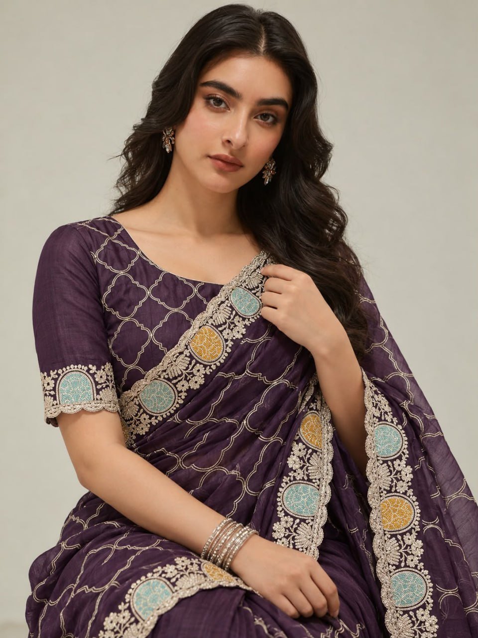 Royal Heritage Geometric Embroidered Saree with Multicolour Zari Border and Intricate Designer Blouse