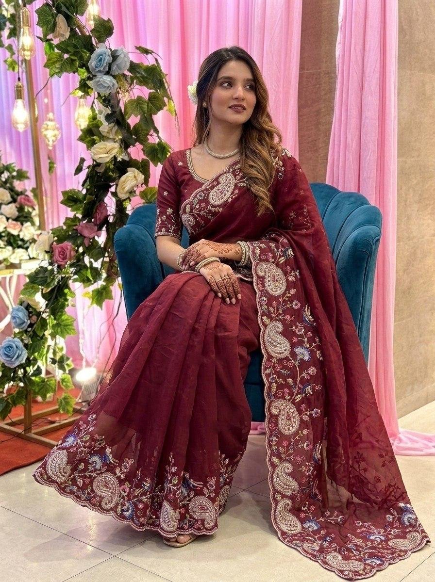 Paisley Embroidered Drapes with Intricate Borders for Regal Festive Moments