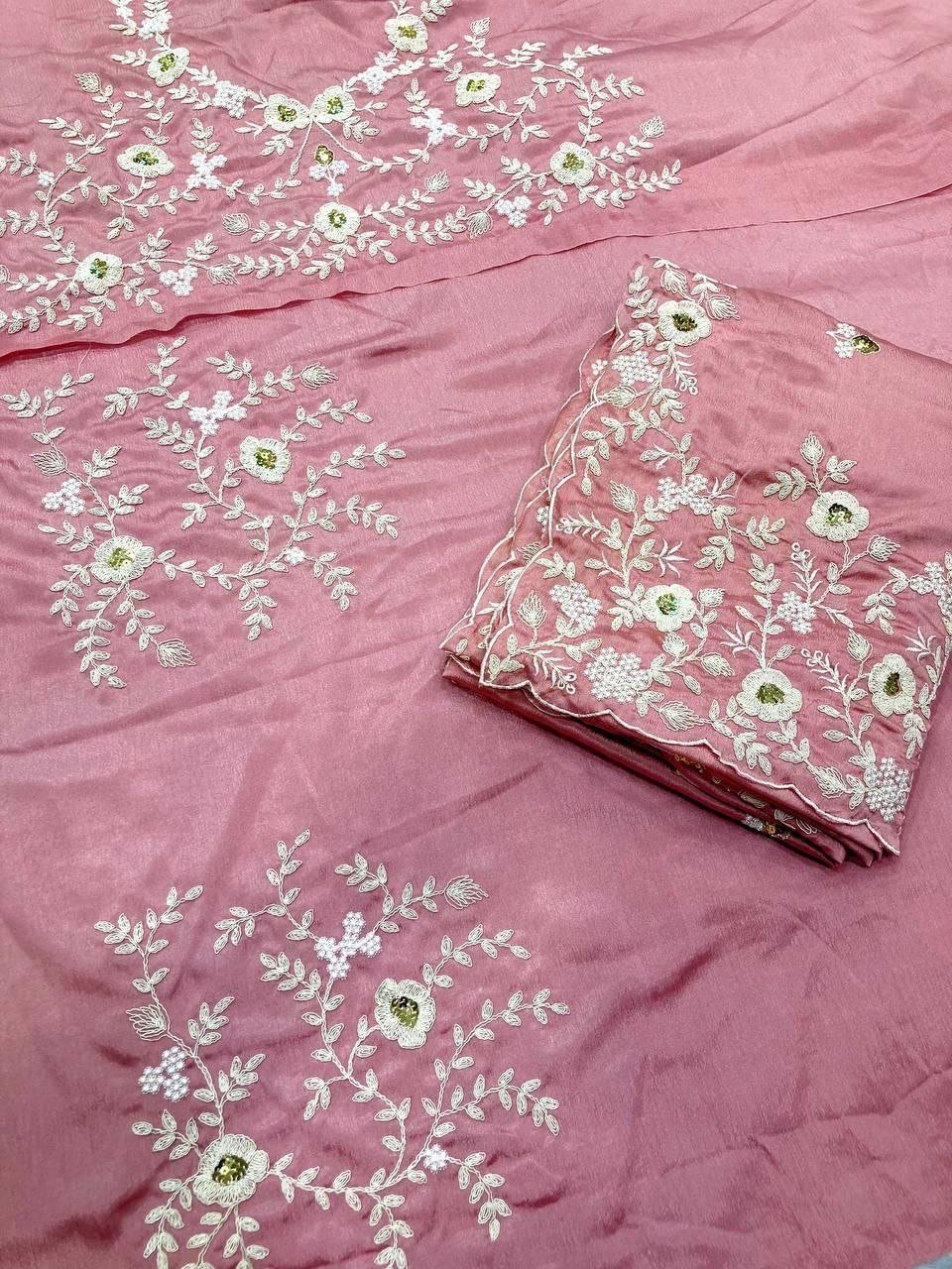 Effortless Floral Embroidered Saree with Delicate Border Detailing