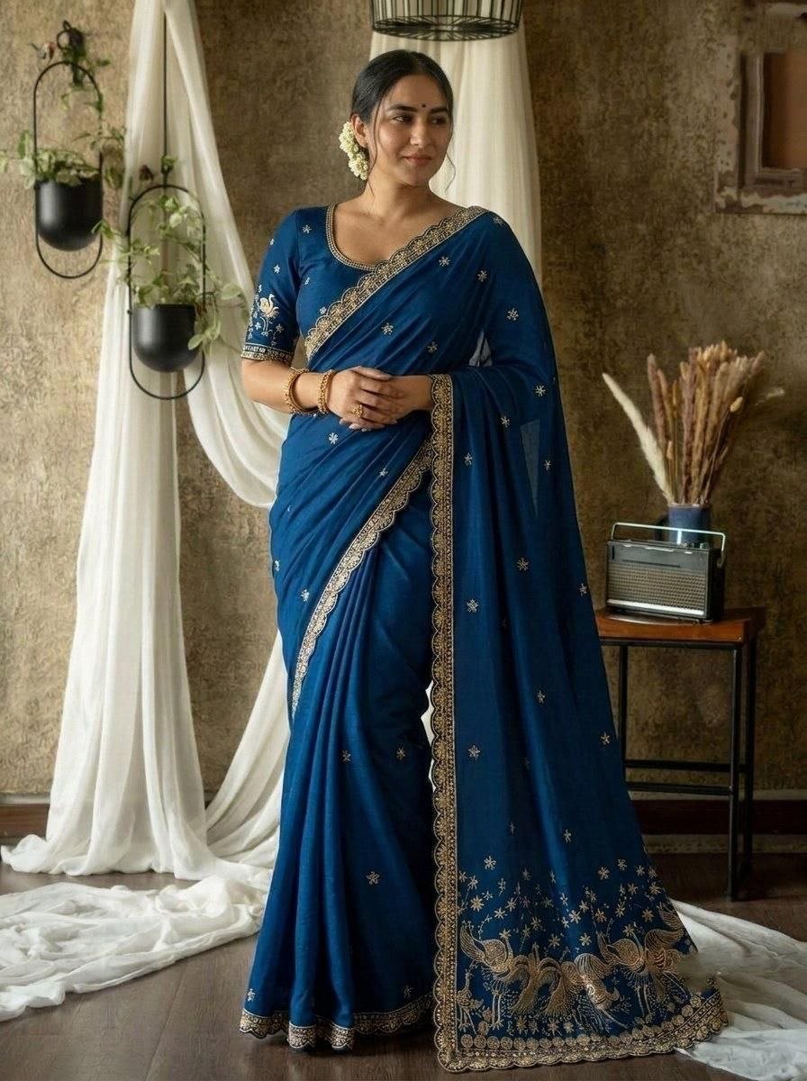 Regal Tradition Embroidered Saree with Ornate Peacock Border