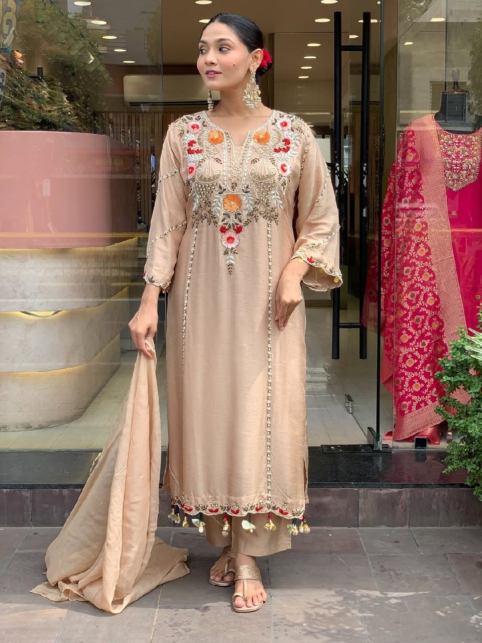 Subtle Grace Embroidered Straight Kurta Set with Tasseled Hem Dupatta