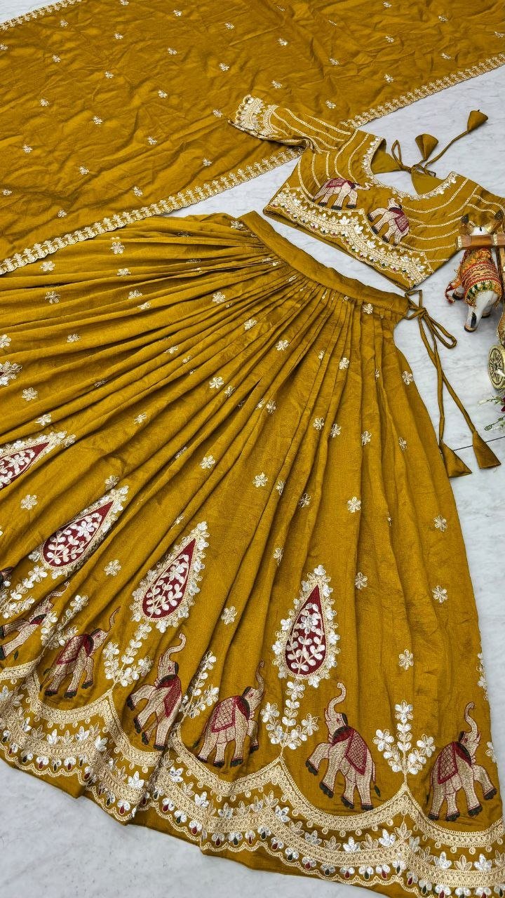 Elephant Motif Embroidered Silk Lehenga Set with Lace Border Dupatta - Surat Wholesale Ethnic Wear (Photo 10)