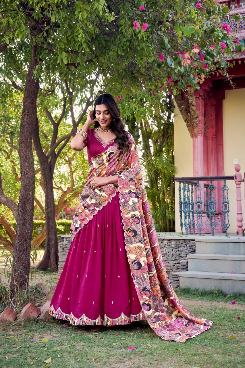Traditional Kalamkari Print Border Silk Lehenga Set with Dupatta - Surat Wholesale Ethnic Wear (Photo 10)