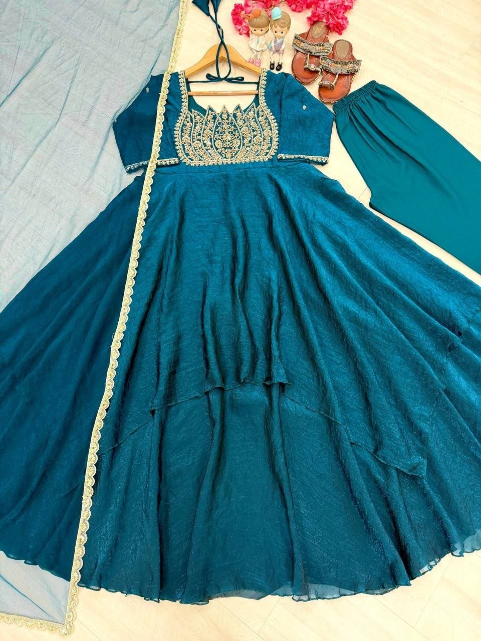 Cocktail Party Polish Layered Anarkali Gown with Embellished Neckline Dupatta - Surat Wholesale Ethnic Wear (Photo 10)
