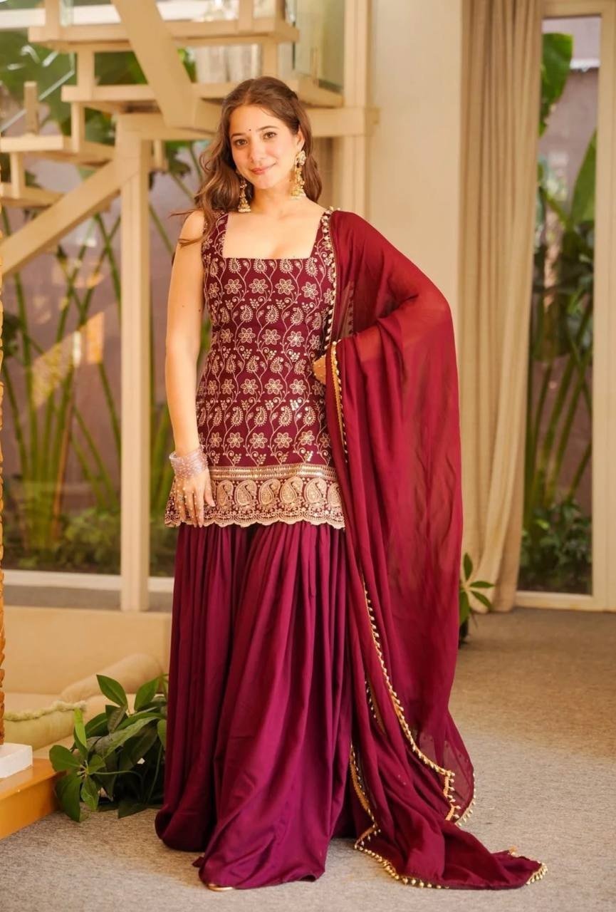 Regal Embroidered Palazzo Ensemble With Flowing Dupatta