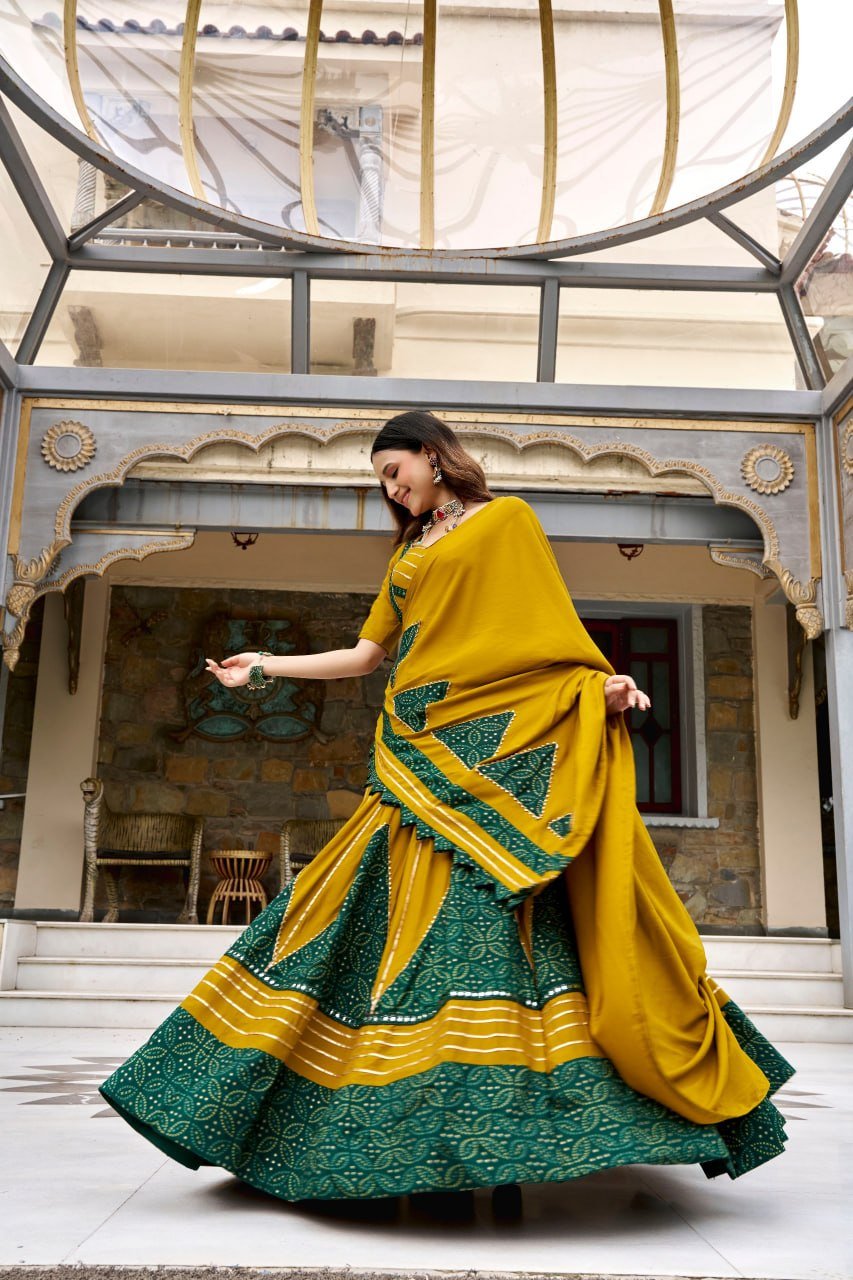 Printed Patchwork Flared Lehenga Choli Set With Pleated Hem