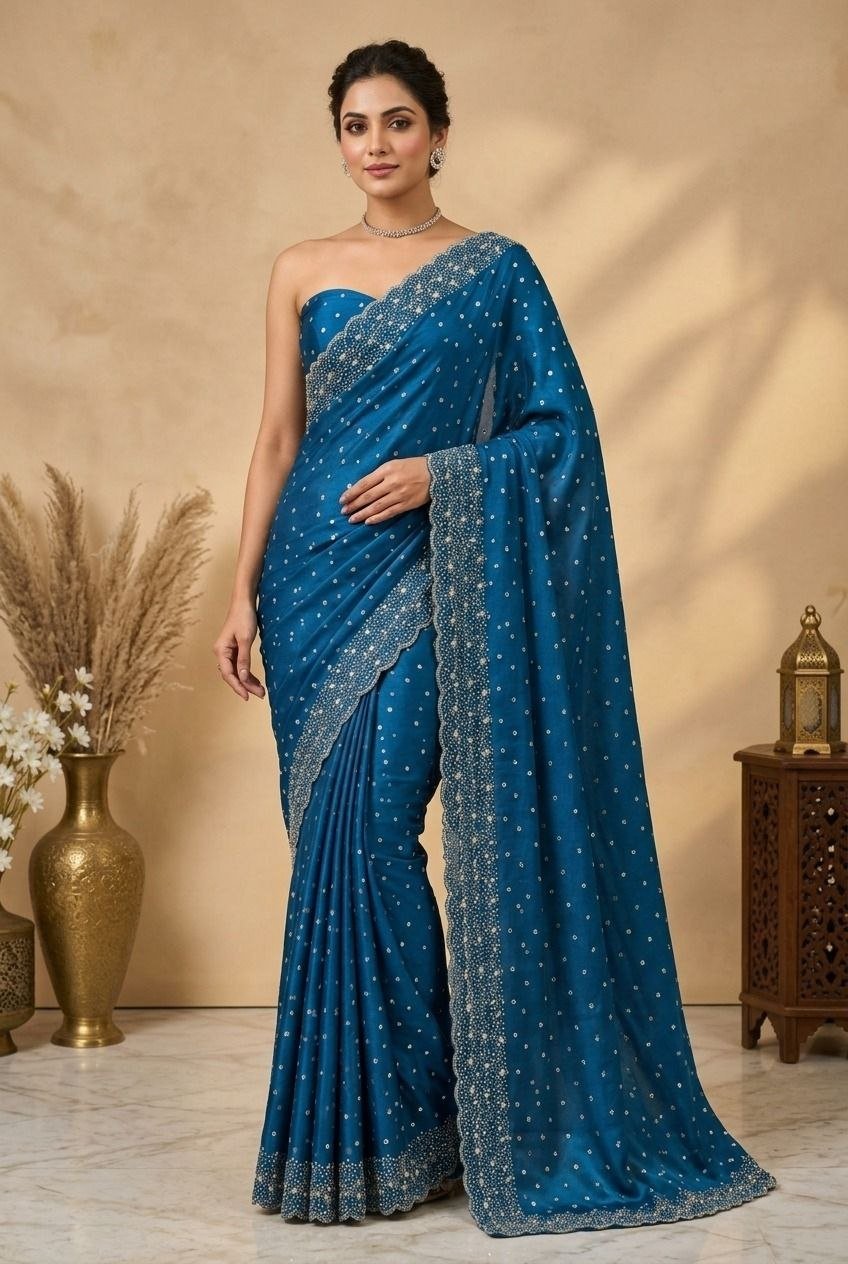 Midnight Radiance Embellished Draped Saree with Intricate Scalloped Border