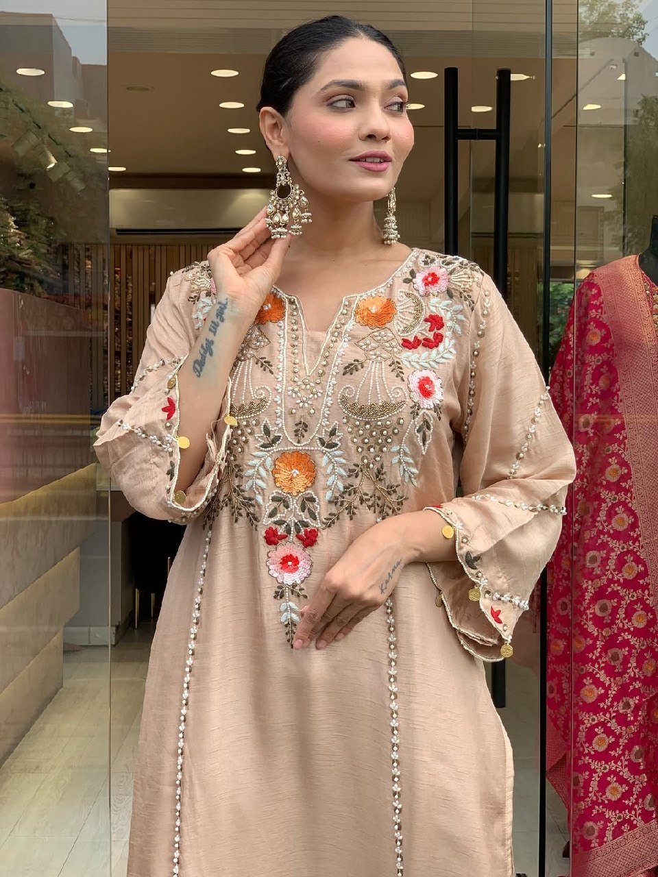 Subtle Grace Embroidered Straight Kurta Set with Tasseled Hem Dupatta