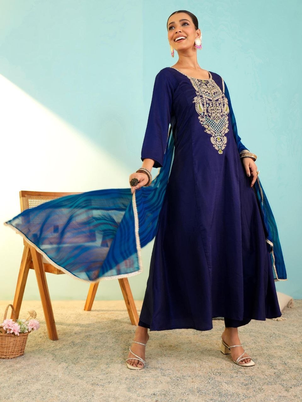 Festive Embroidered Anarkali Suit with Striped Dupatta