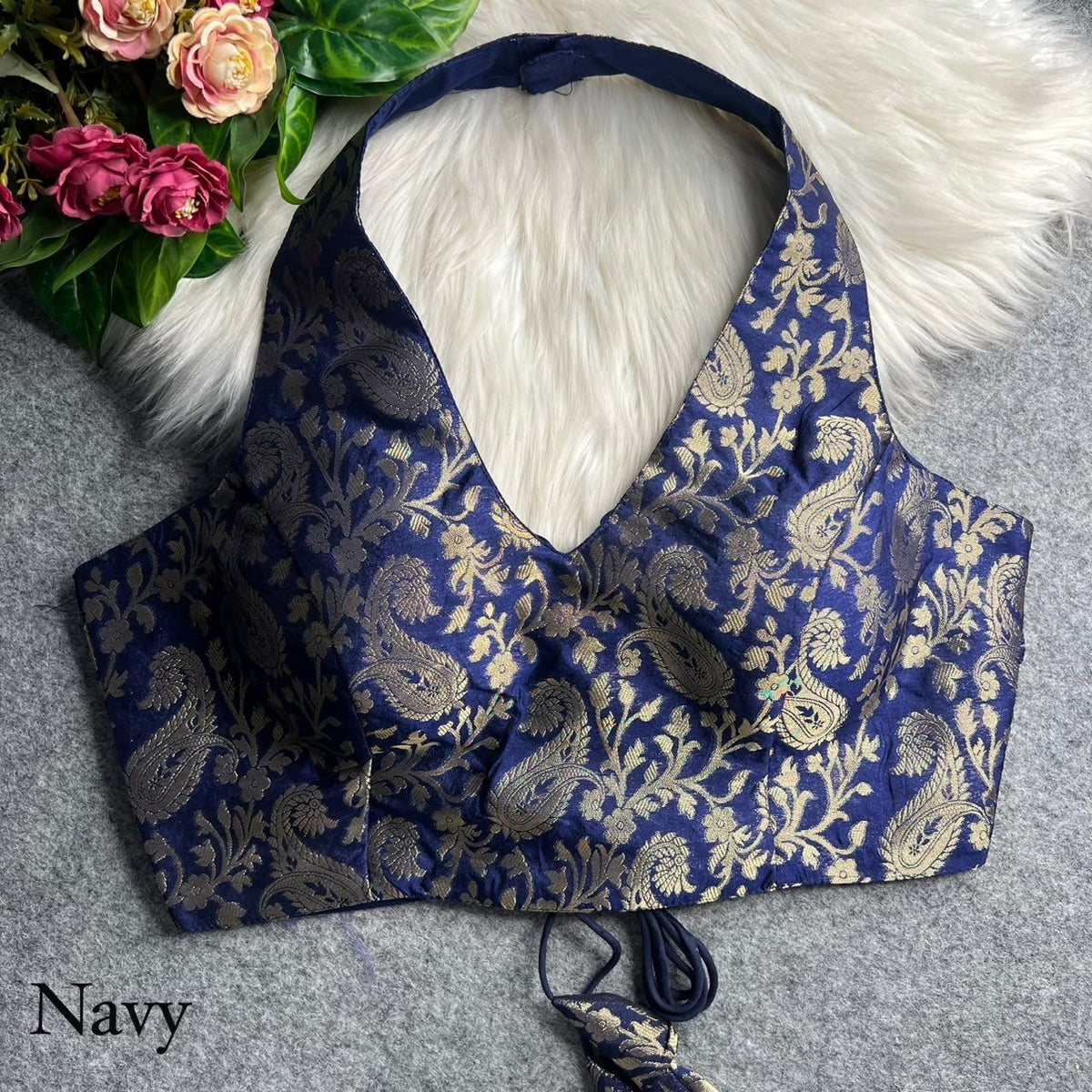 Contemporary Statement Banarasi Brocade Halter Neck Blouse - Surat Wholesale Ethnic Wear (Photo 11)