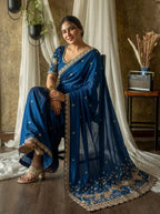 Regal Tradition Embroidered Saree with Ornate Peacock Border
