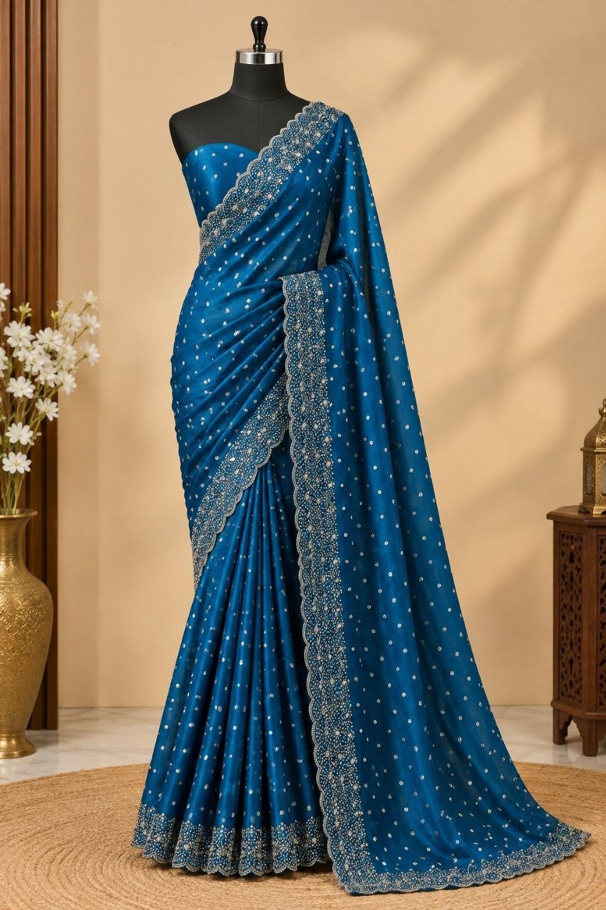 Midnight Radiance Embellished Draped Saree with Intricate Scalloped Border
