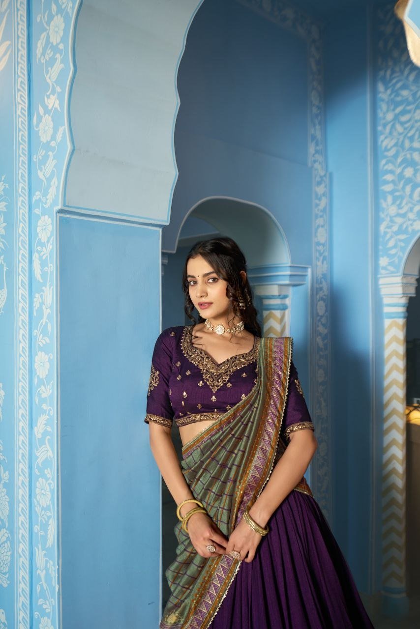 Embroidered Flared Silk Lehenga Set with Printed Dupatta - Surat Wholesale Ethnic Wear (Photo 11)