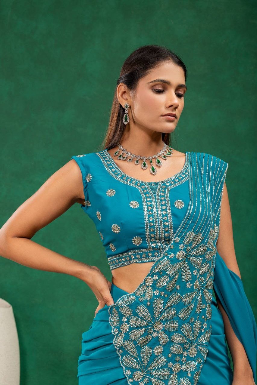 Sequined Heavy Work Jacket With Pre Stitched Draped Saree Set