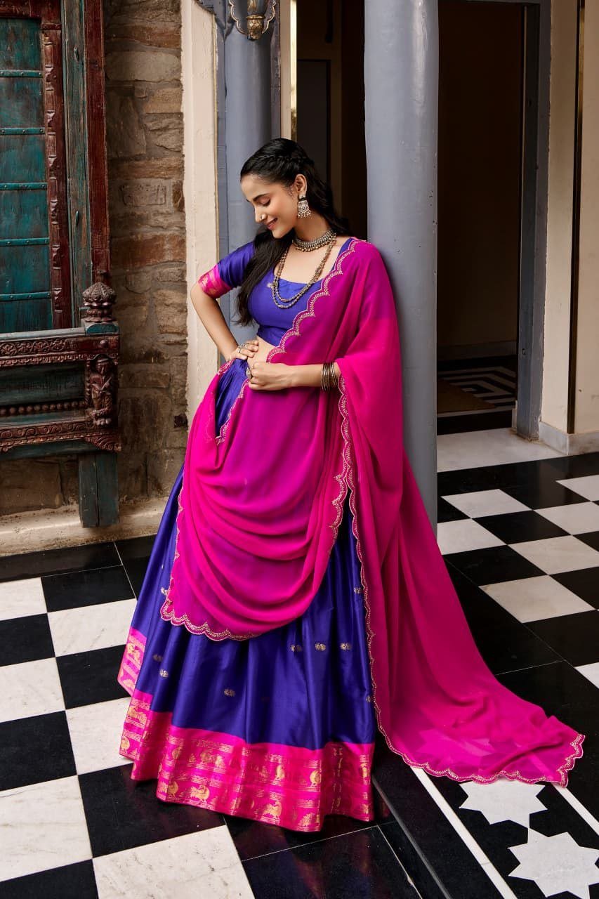 Traditional Zari Woven Silk Half Saree Set with Scalloped Embroidered Dupatta