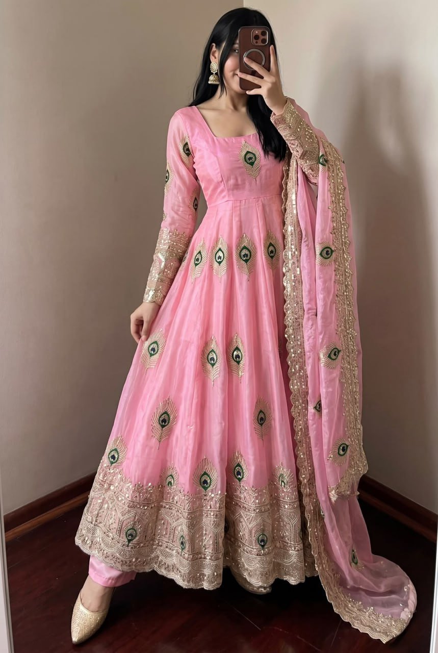 Embroidered Peacock Motif Flared Anarkali Suit Set With Dupatta