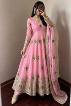 Embroidered Peacock Motif Flared Anarkali Suit Set With Dupatta
