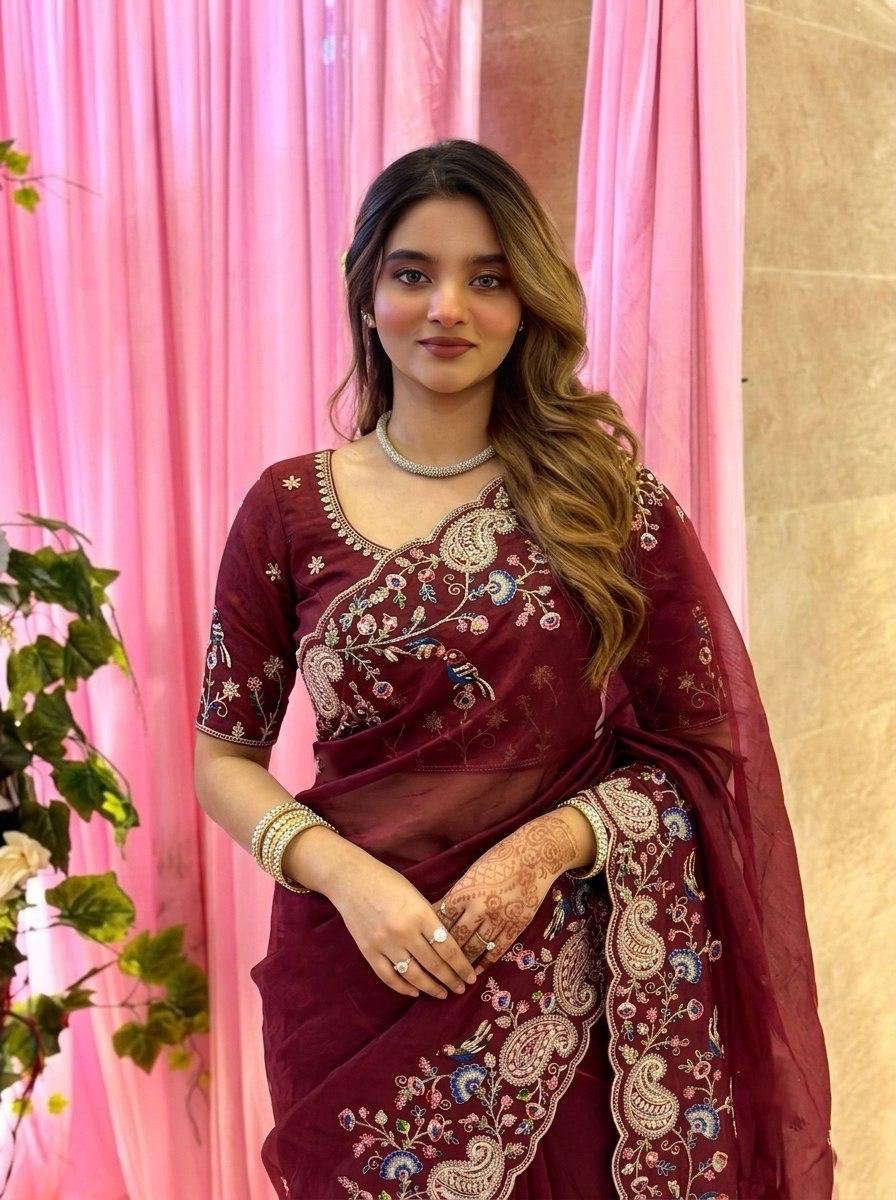 Paisley Embroidered Drapes with Intricate Borders for Regal Festive Moments