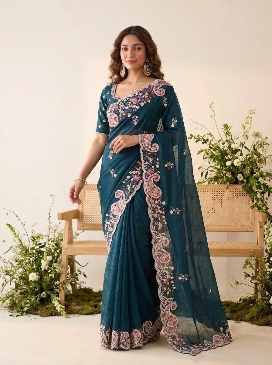 Garden Floral Romance Paisley Embroidered Draped Saree