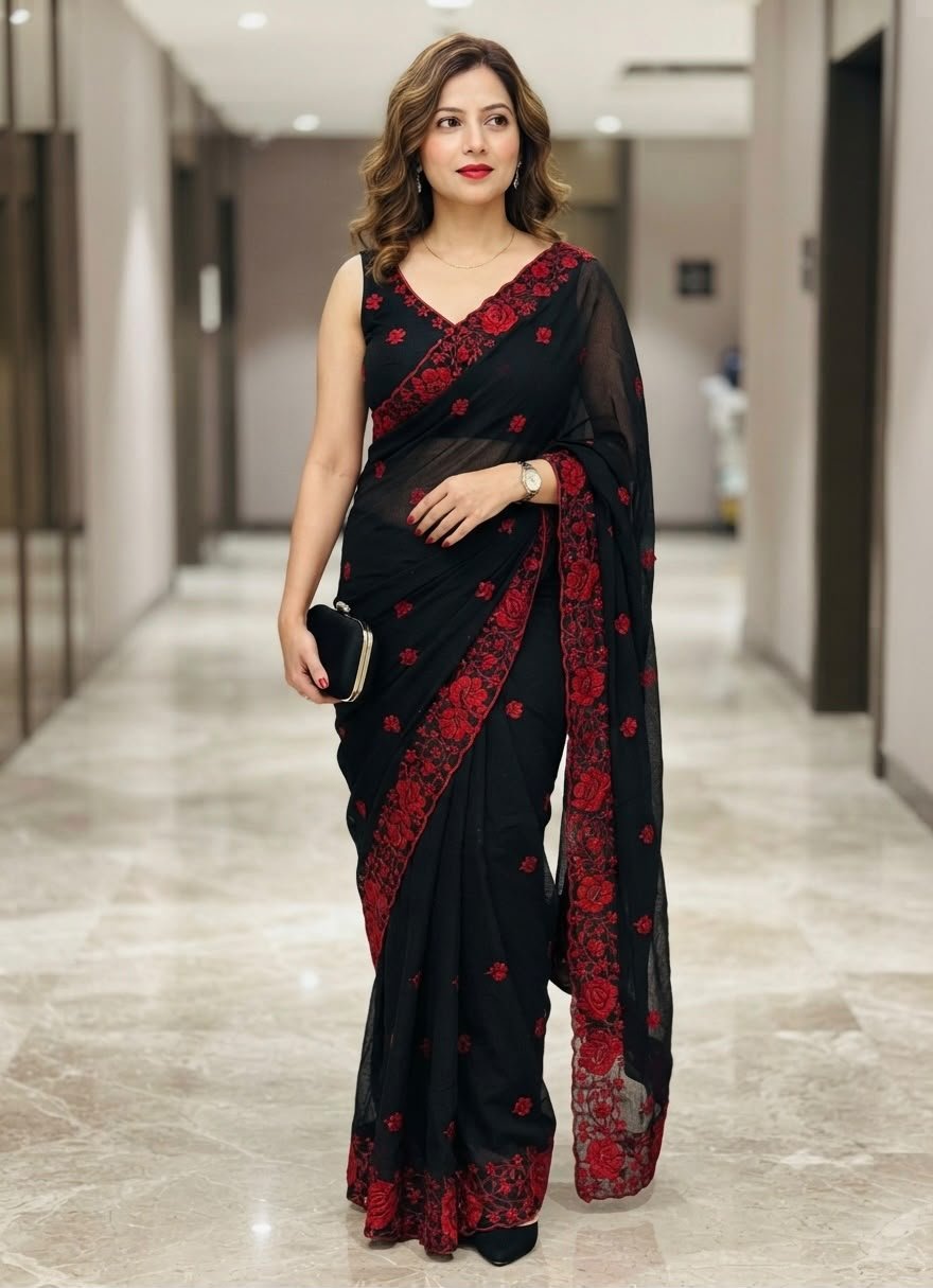Contemporary Statement Floral Embroidered Saree for Sophisticated Occasions - Surat Wholesale Ethnic Wear (Photo 11)