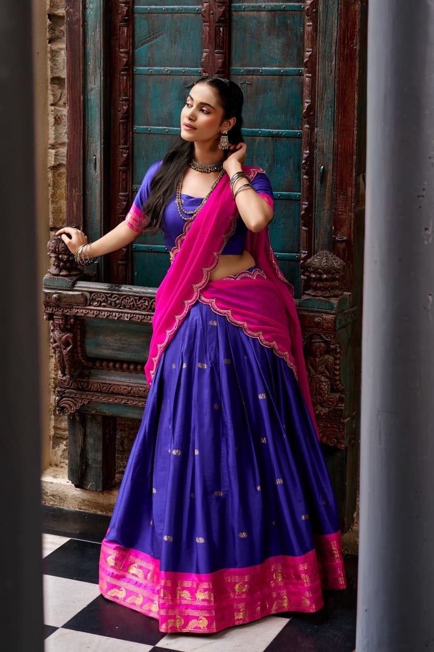 Traditional Zari Woven Silk Half Saree Set with Scalloped Embroidered Dupatta