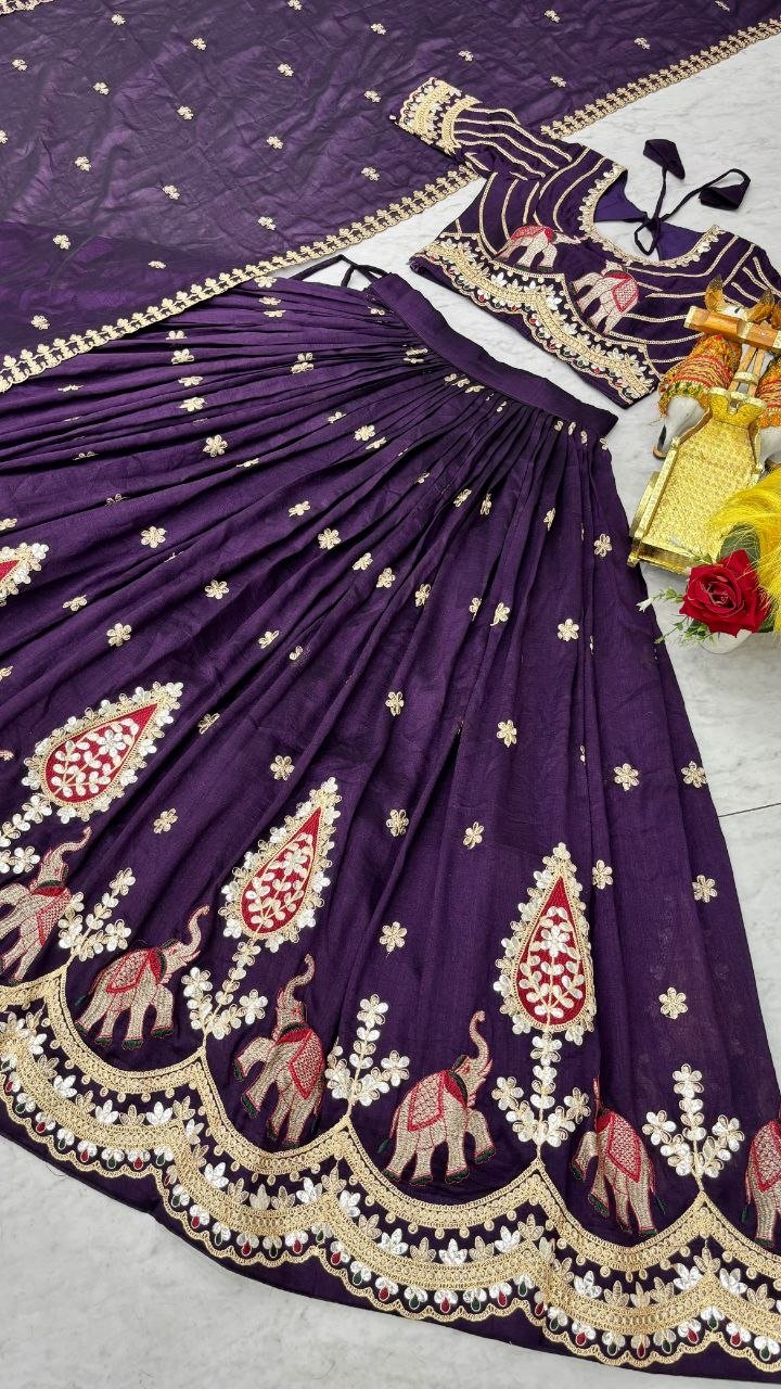 Elephant Motif Embroidered Silk Lehenga Set with Lace Border Dupatta - Surat Wholesale Ethnic Wear (Photo 12)