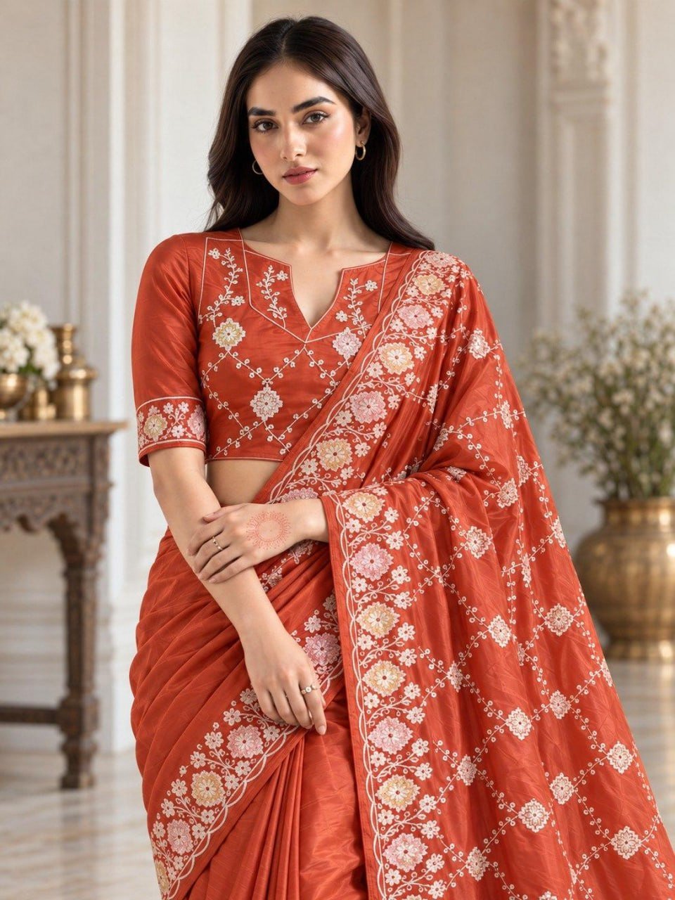 Opulent Luxury Floral Embroidered Saree with Intricate Motif Detailing - Surat Wholesale Ethnic Wear (Photo 12)