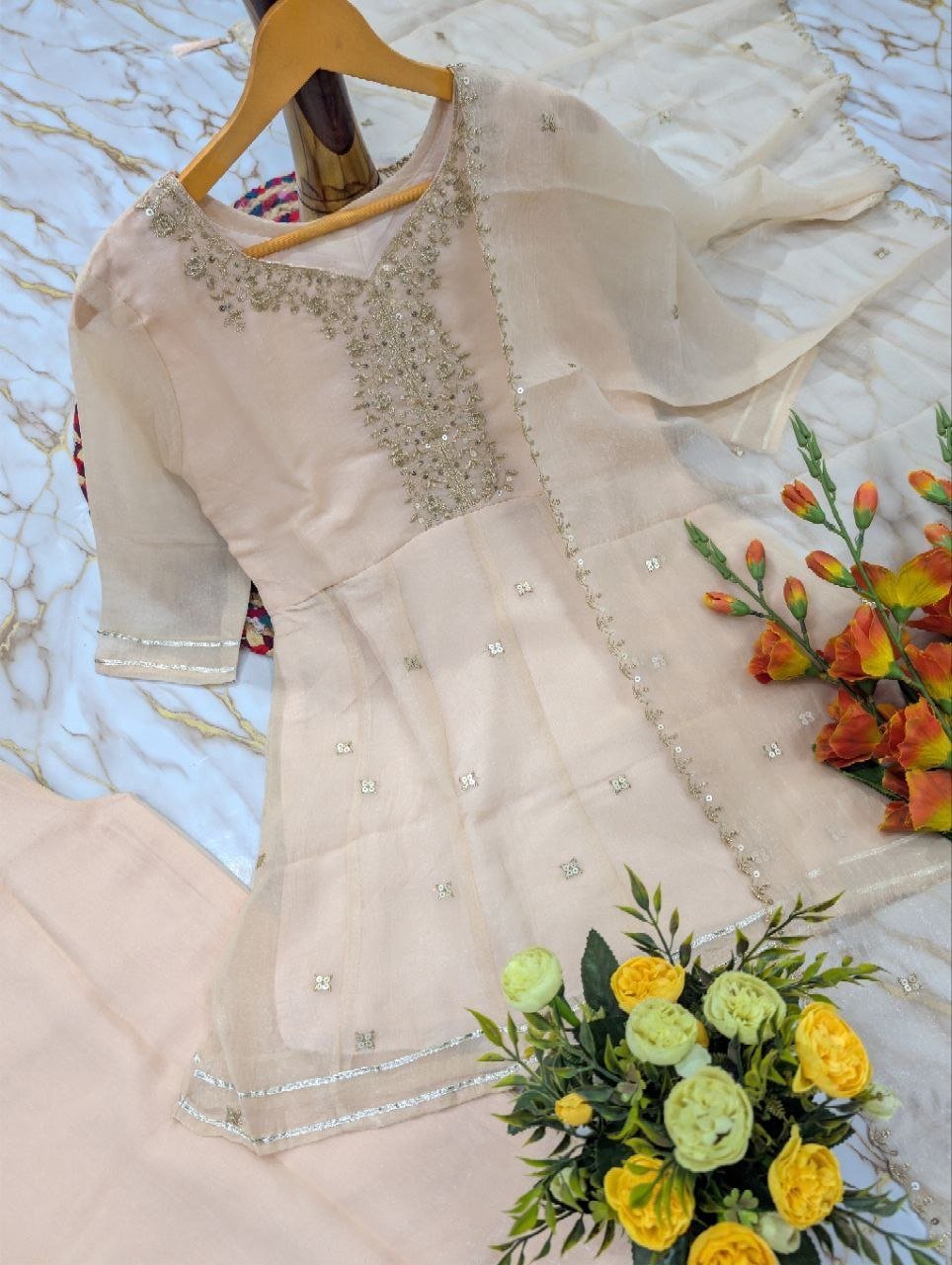 Embroidered Chanderi Kurta Set with Gota Patti Dupatta
