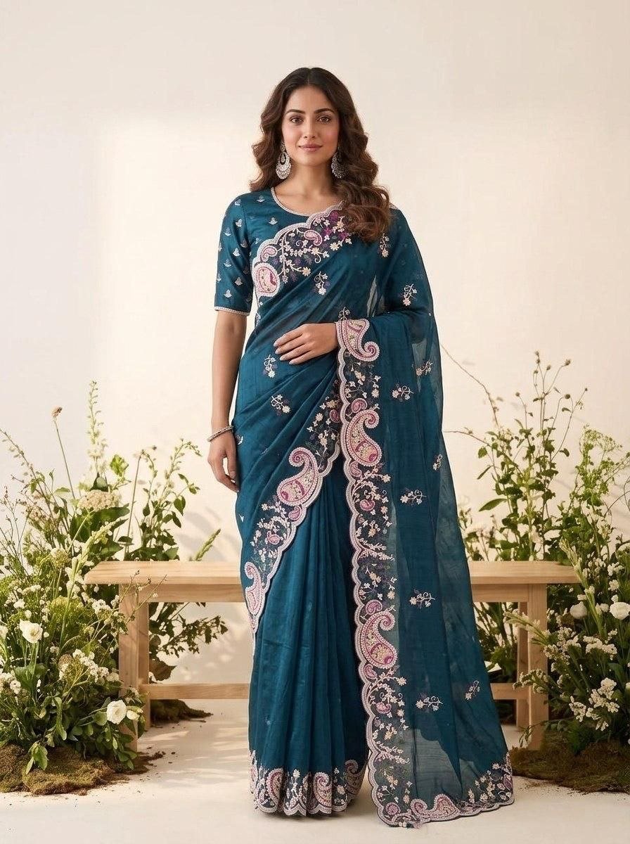 Garden Floral Romance Paisley Embroidered Draped Saree