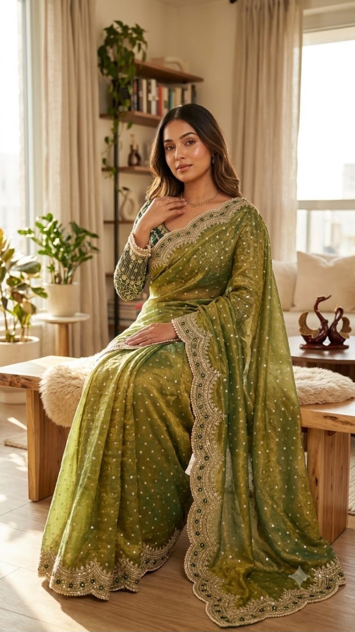 Dotted Drapes with Scalloped Zari Border and Statement Blouse