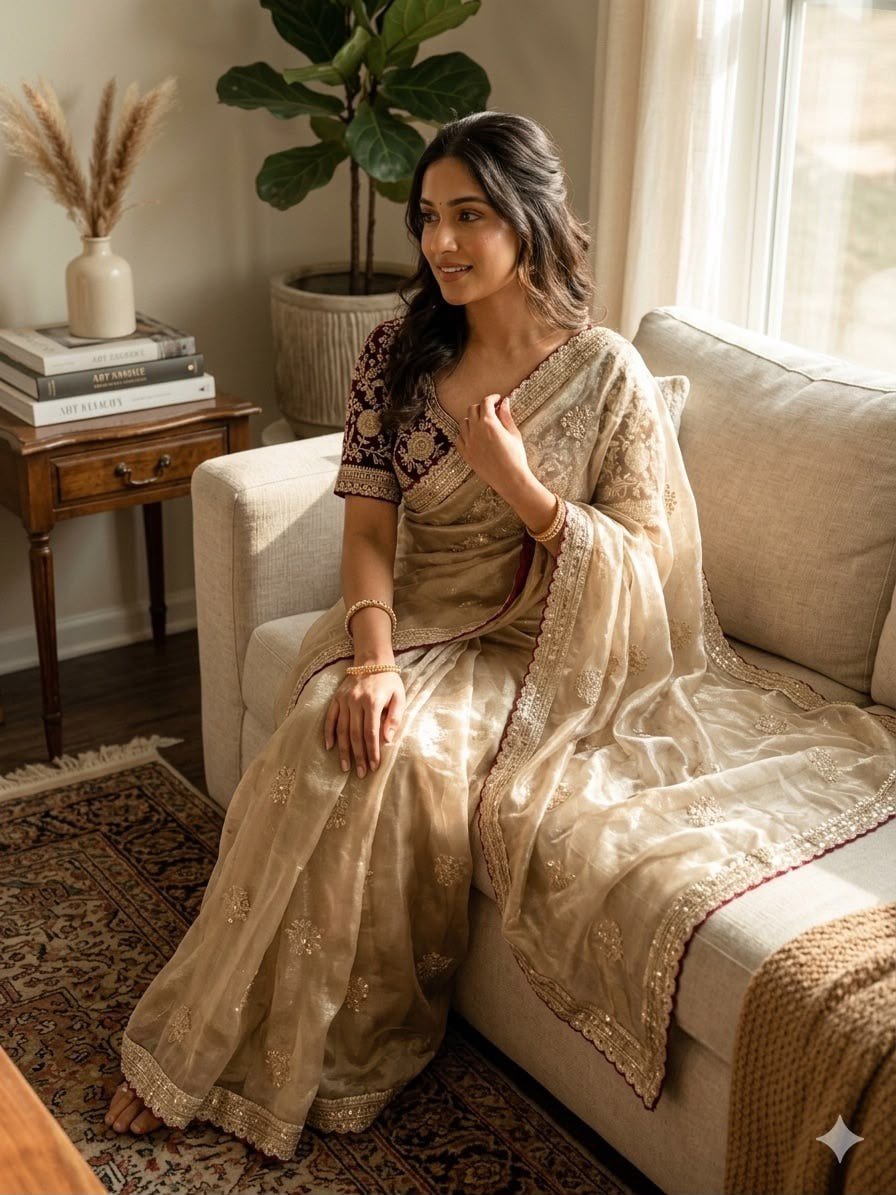 Royal Heritage Handcrafted Embroidered Draped Saree with Intricate Border Detailing