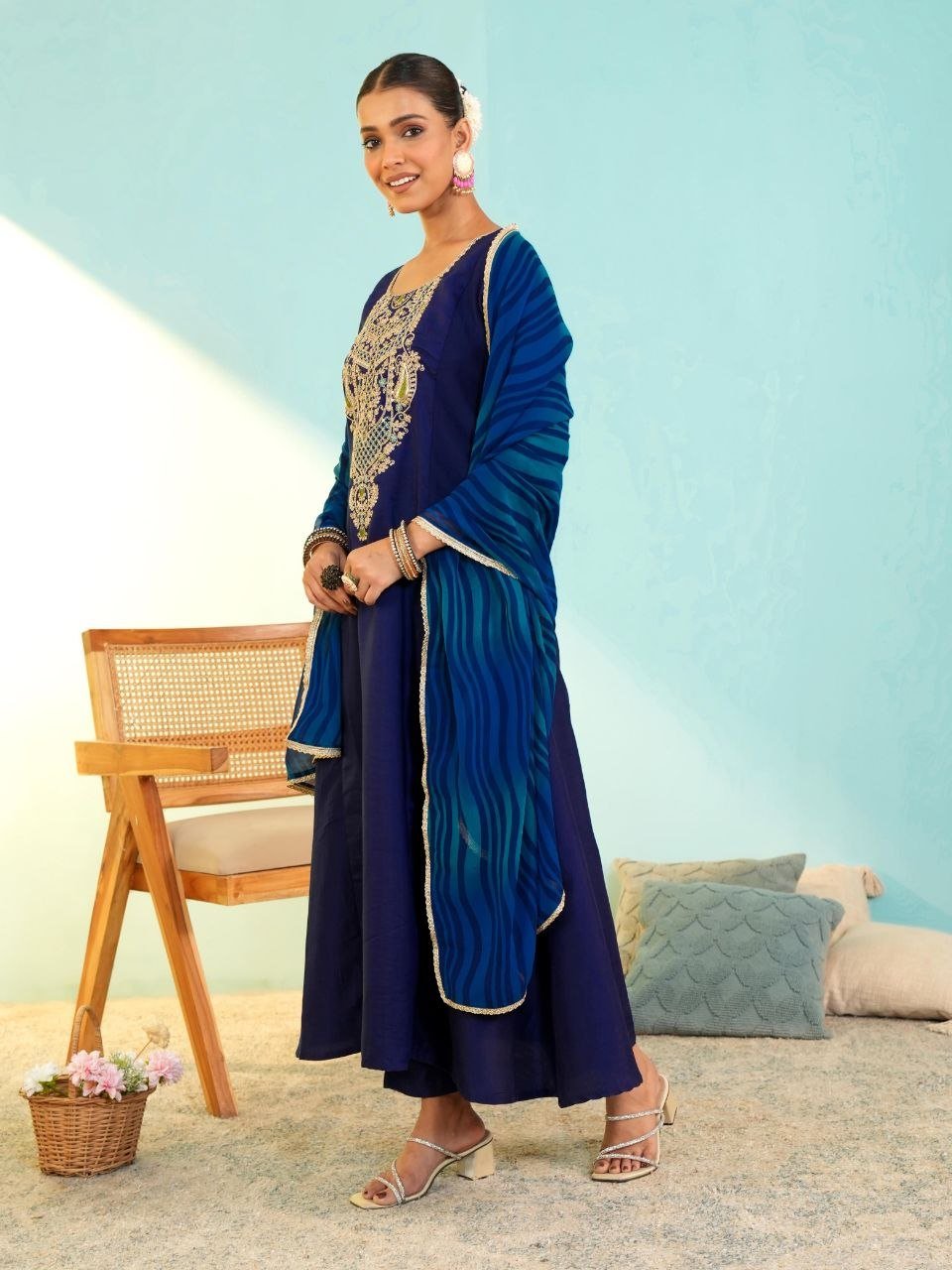 Festive Embroidered Anarkali Suit with Striped Dupatta