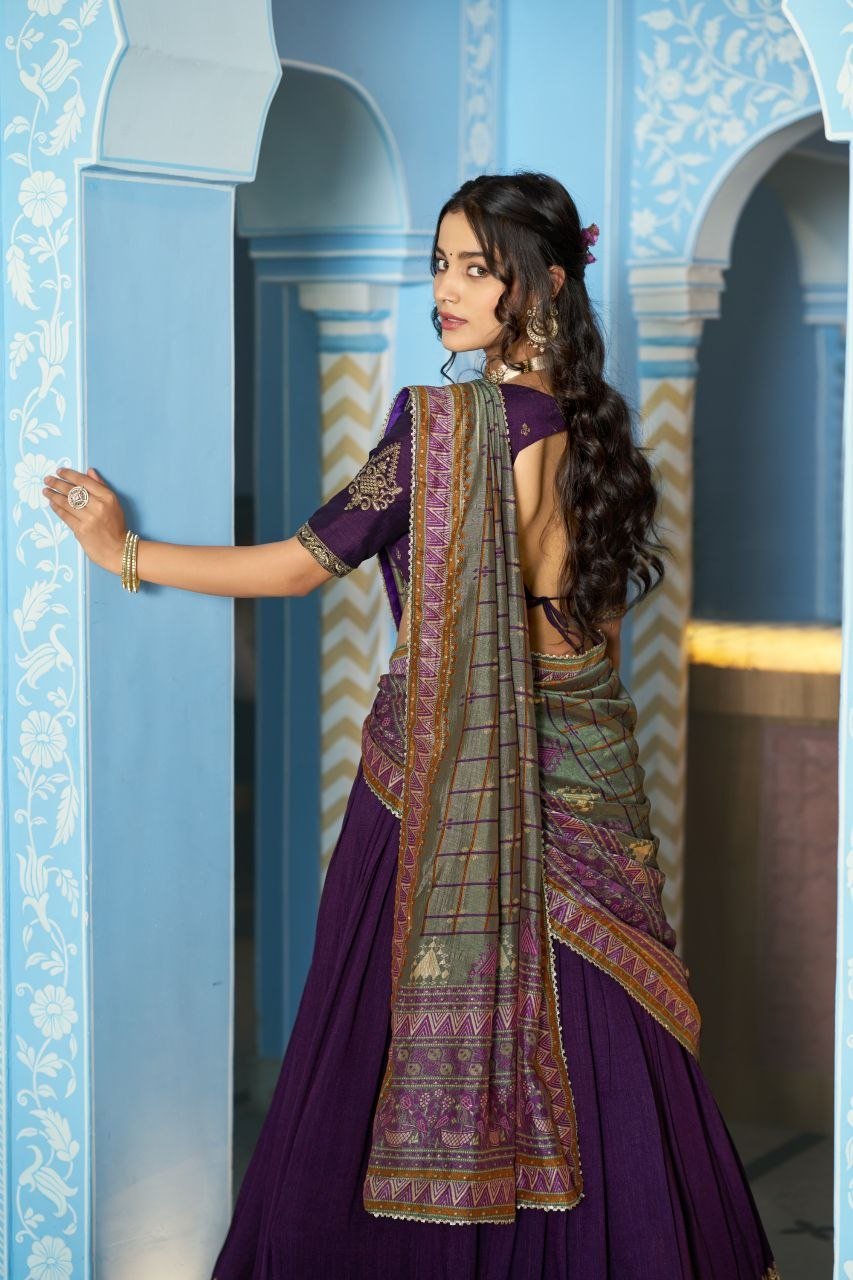 Embroidered Flared Silk Lehenga Set with Printed Dupatta - Surat Wholesale Ethnic Wear (Photo 12)