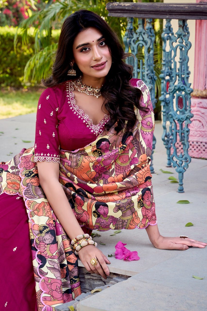 Traditional Kalamkari Print Border Silk Lehenga Set with Dupatta - Surat Wholesale Ethnic Wear (Photo 12)