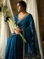 Regal Tradition Embroidered Saree with Ornate Peacock Border