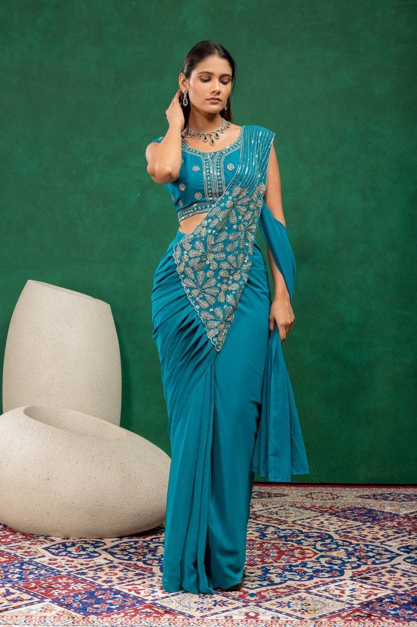 Sequined Heavy Work Jacket With Pre Stitched Draped Saree Set