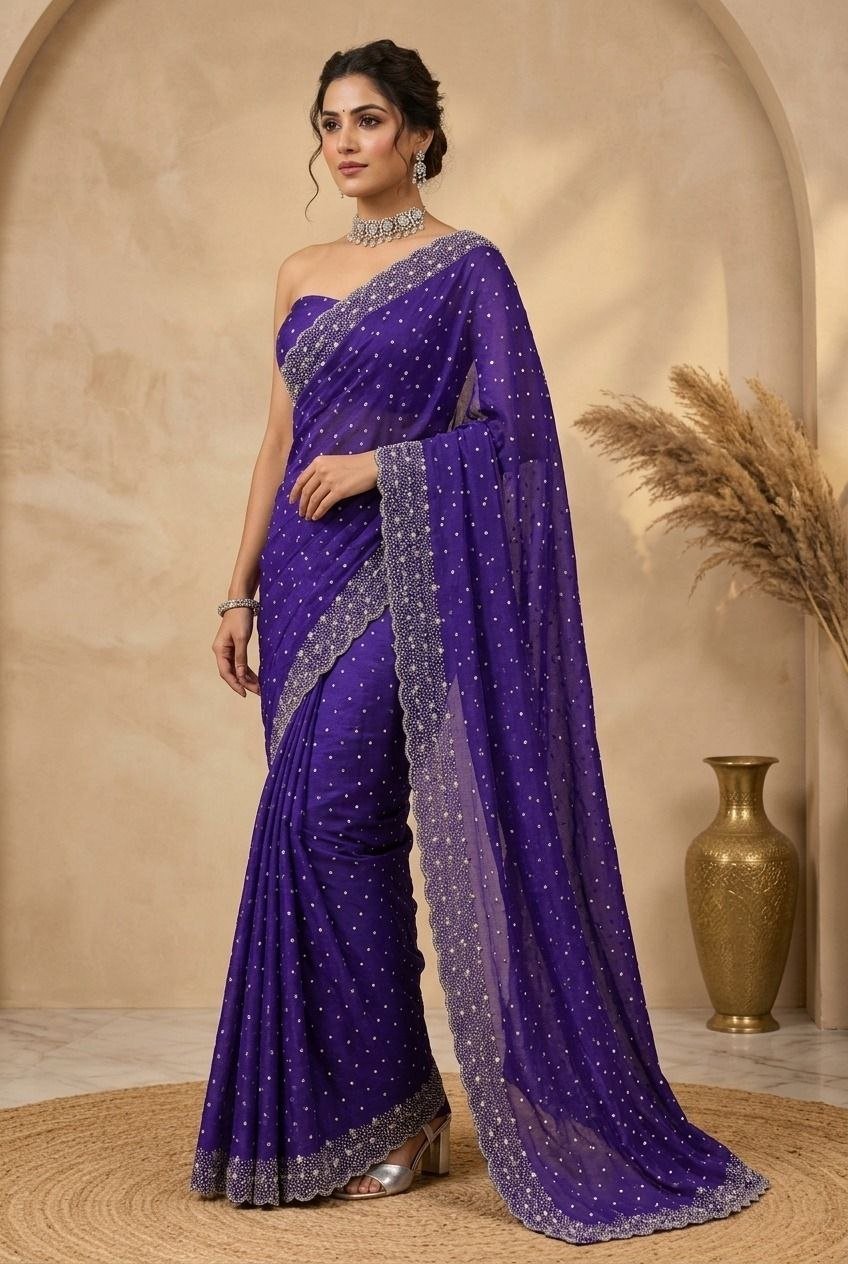 Midnight Radiance Embellished Draped Saree with Intricate Scalloped Border