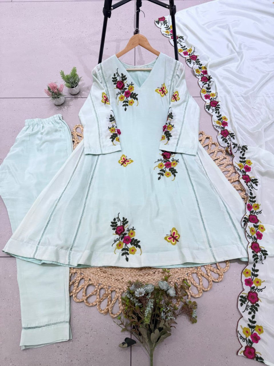 Garden Floral Romance Embroidered Anarkali Kurta with Dupatta Set