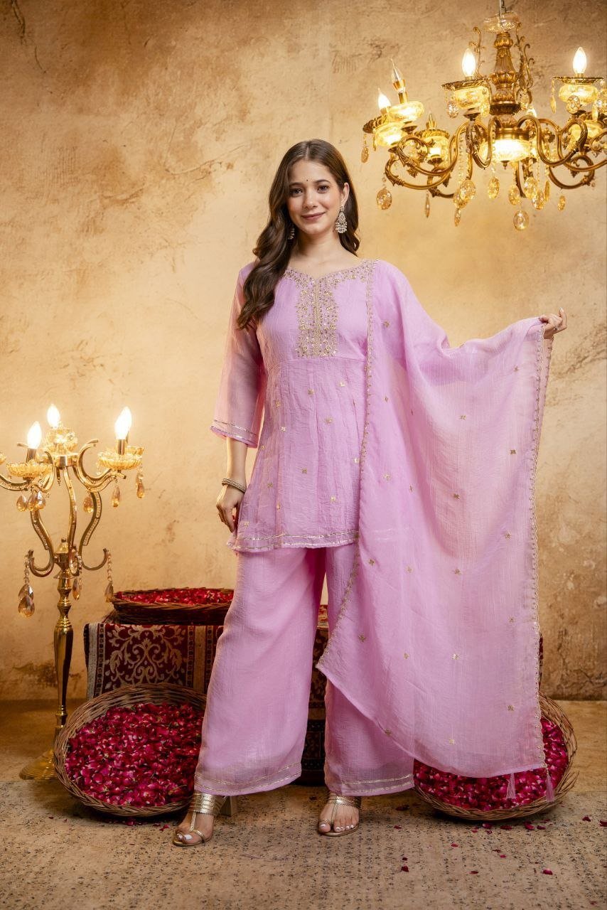 Embroidered Chanderi Kurta Set with Gota Patti Dupatta