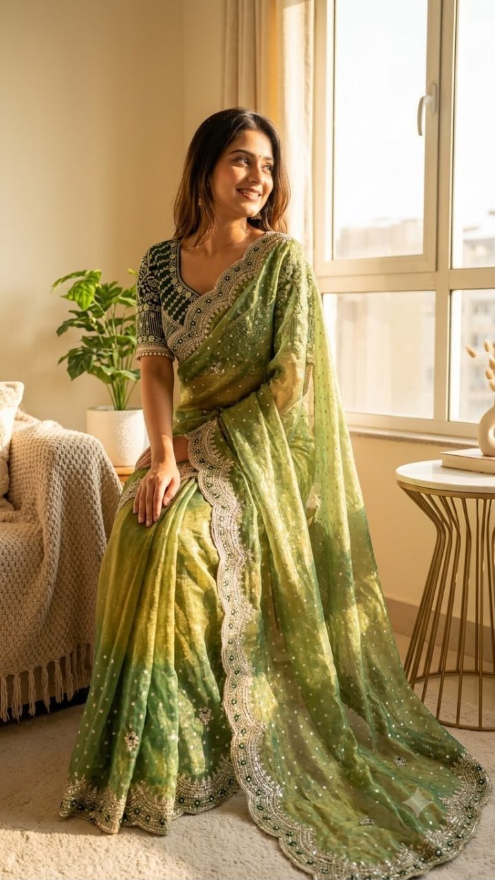 Dotted Drapes with Scalloped Zari Border and Statement Blouse