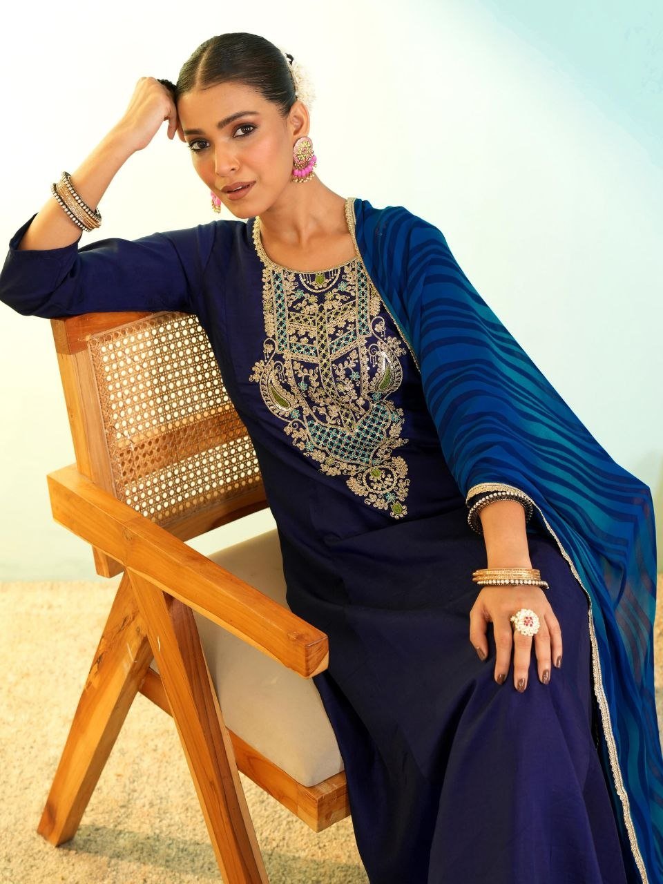 Festive Embroidered Anarkali Suit with Striped Dupatta