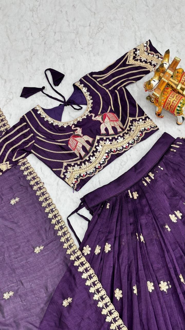 Elephant Motif Embroidered Silk Lehenga Set with Lace Border Dupatta - Surat Wholesale Ethnic Wear (Photo 13)