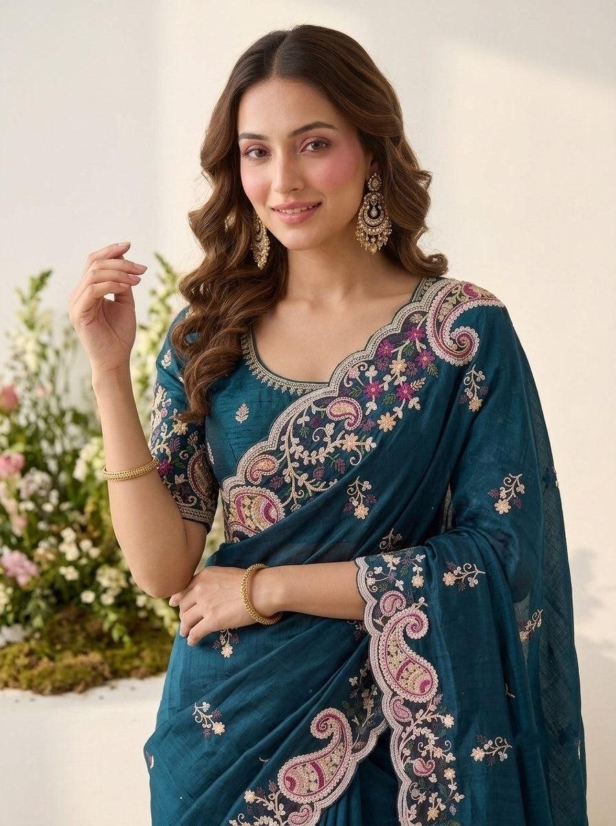 Garden Floral Romance Paisley Embroidered Draped Saree