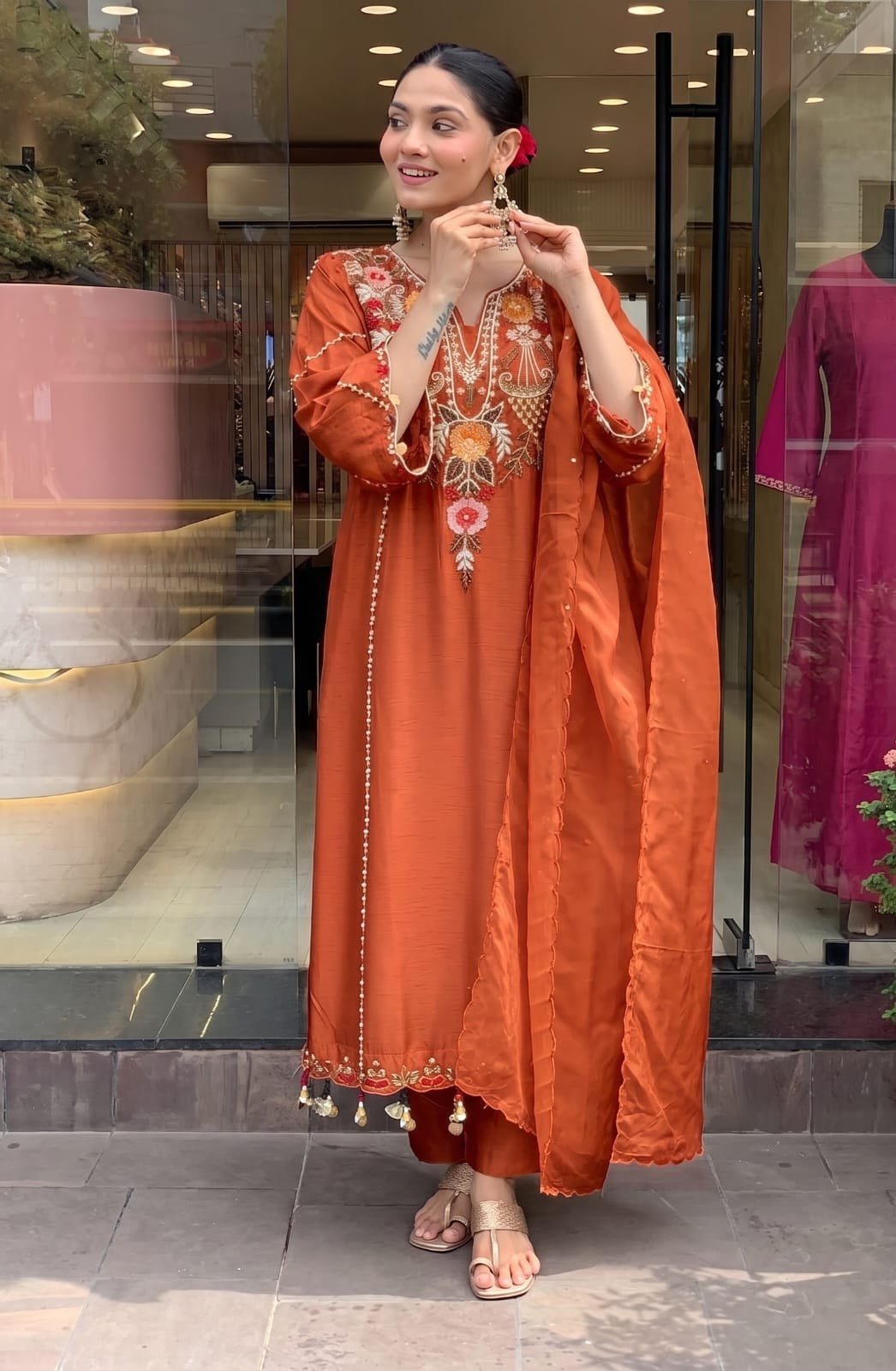 Subtle Grace Embroidered Straight Kurta Set with Tasseled Hem Dupatta