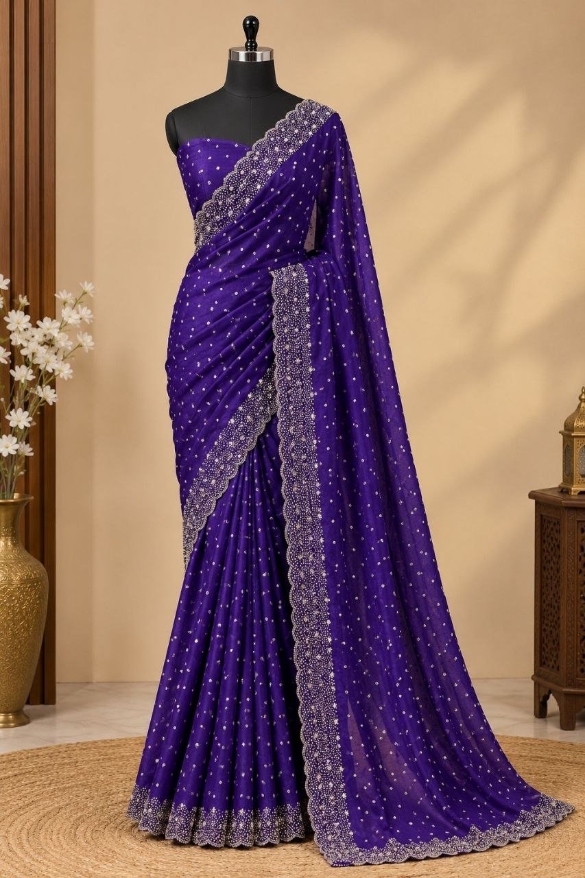 Midnight Radiance Embellished Draped Saree with Intricate Scalloped Border