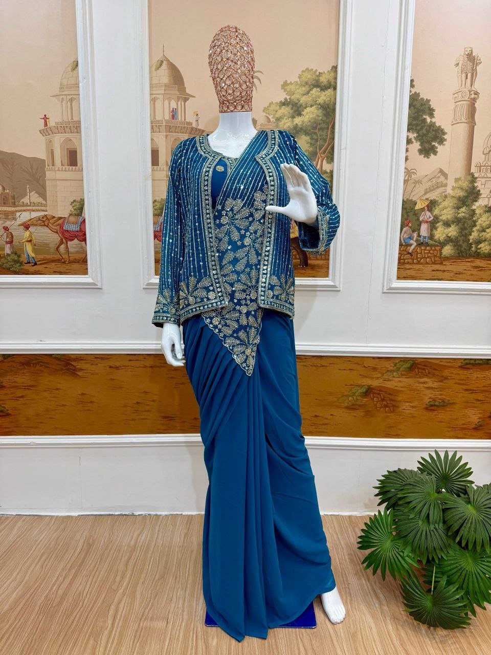 Sequined Heavy Work Jacket With Pre Stitched Draped Saree Set