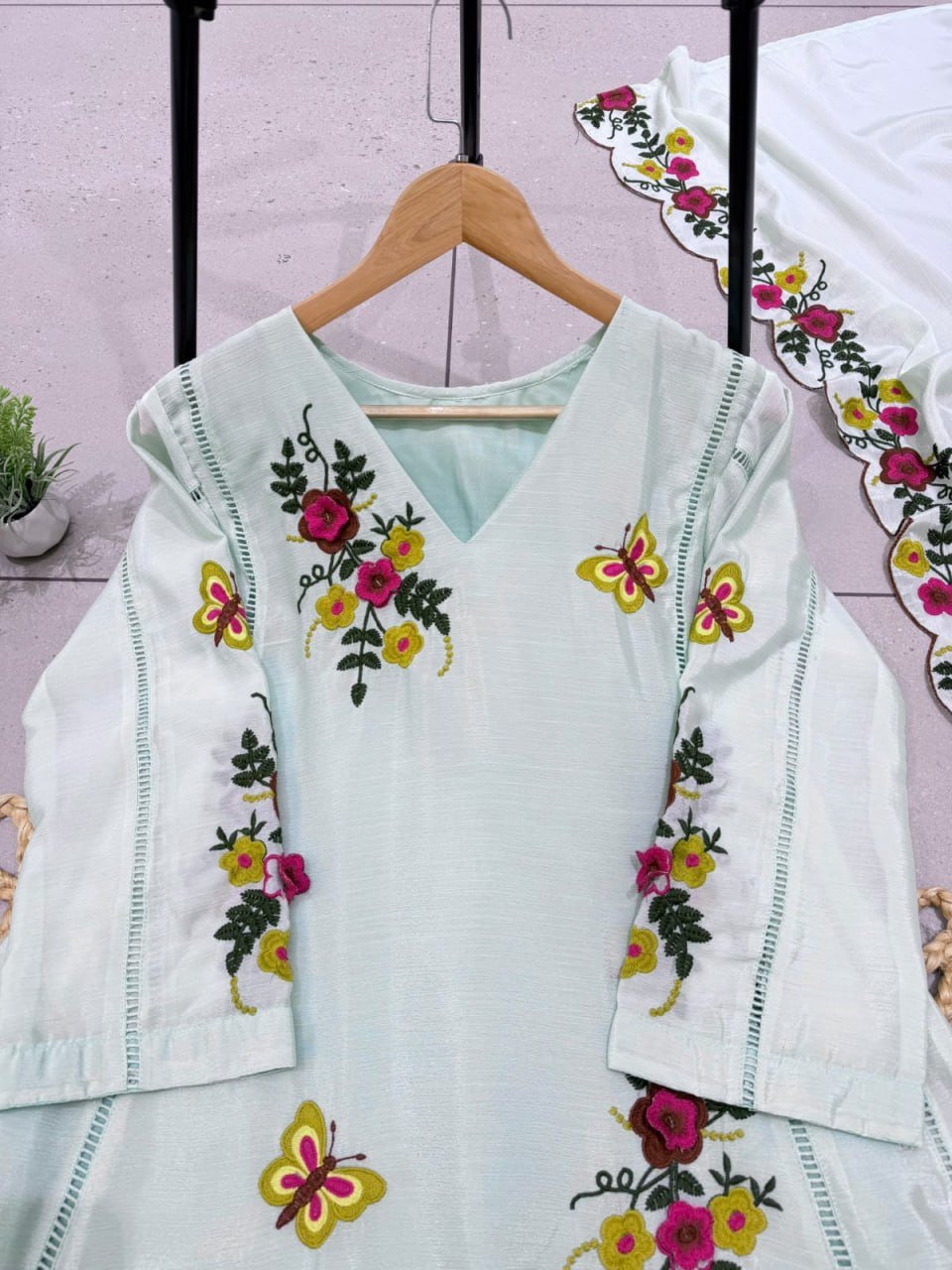 Garden Floral Romance Embroidered Anarkali Kurta with Dupatta Set